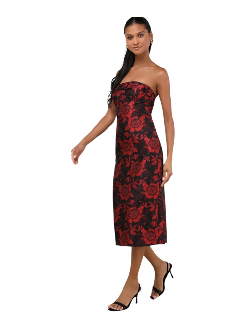 NWT Lulus Polished Muse Black and Red Jacquard Strapless Midi dress Sz XS - Picture 3 of 11